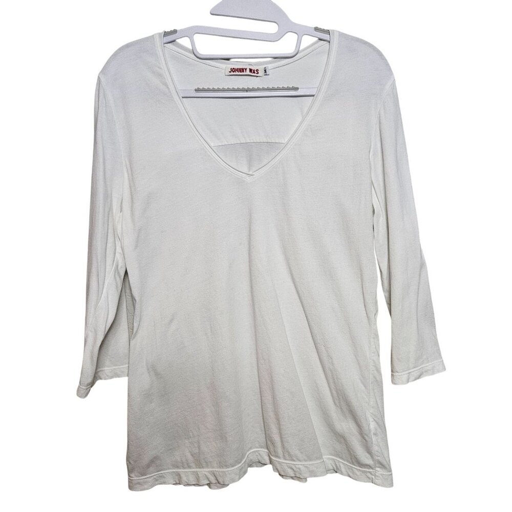 Vintage Johnny Was Women's White V-Neck Cotton Shirt With Short & 3/4 Sleeves Si